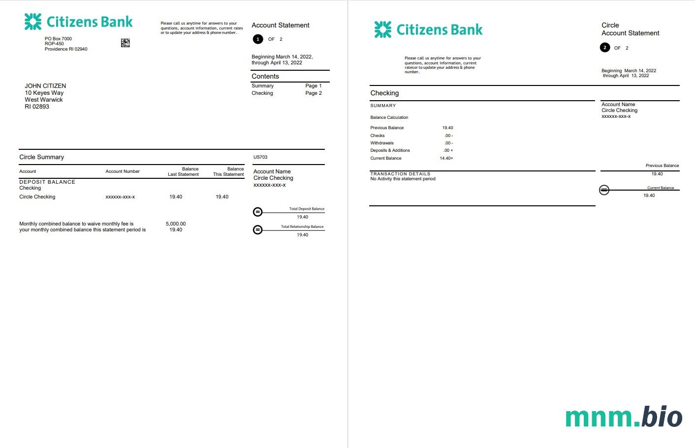 USA Citizens Bank szablon w formacie excel pdf
